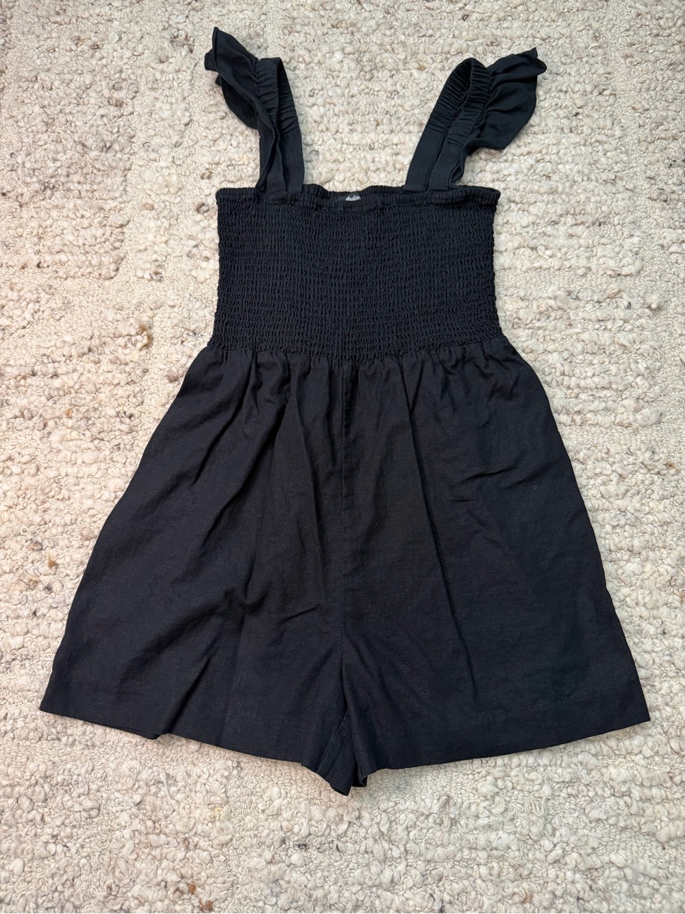 Madewell Black Smocked Wide-Leg Romper Shorts